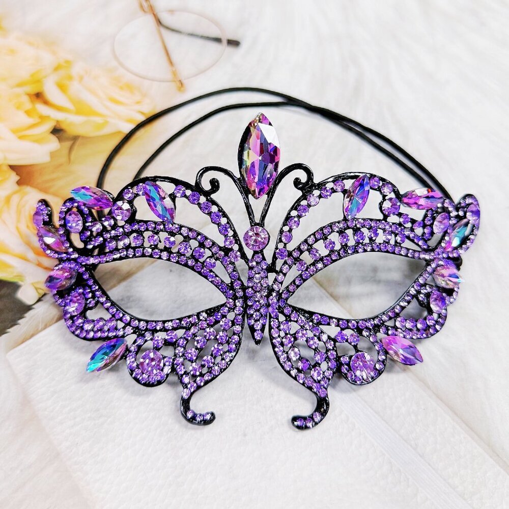 Purple Crystal Masquerade Mask - Elegant Women's Accessory - Picture 3 of 9